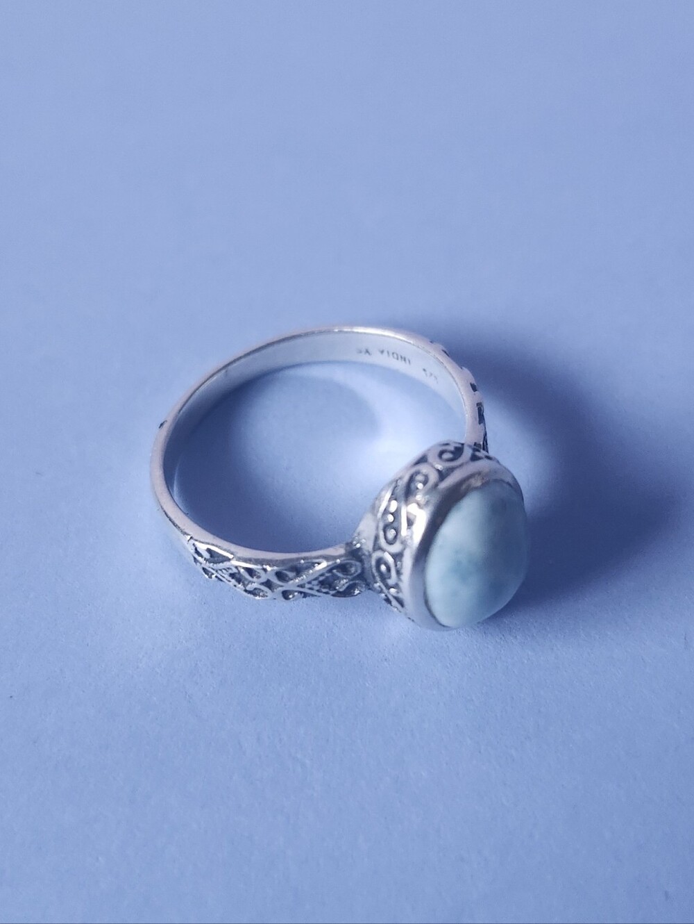 Natural Larimar Sterling Silver 925 Ring Beautiful Detailing Band Size 8